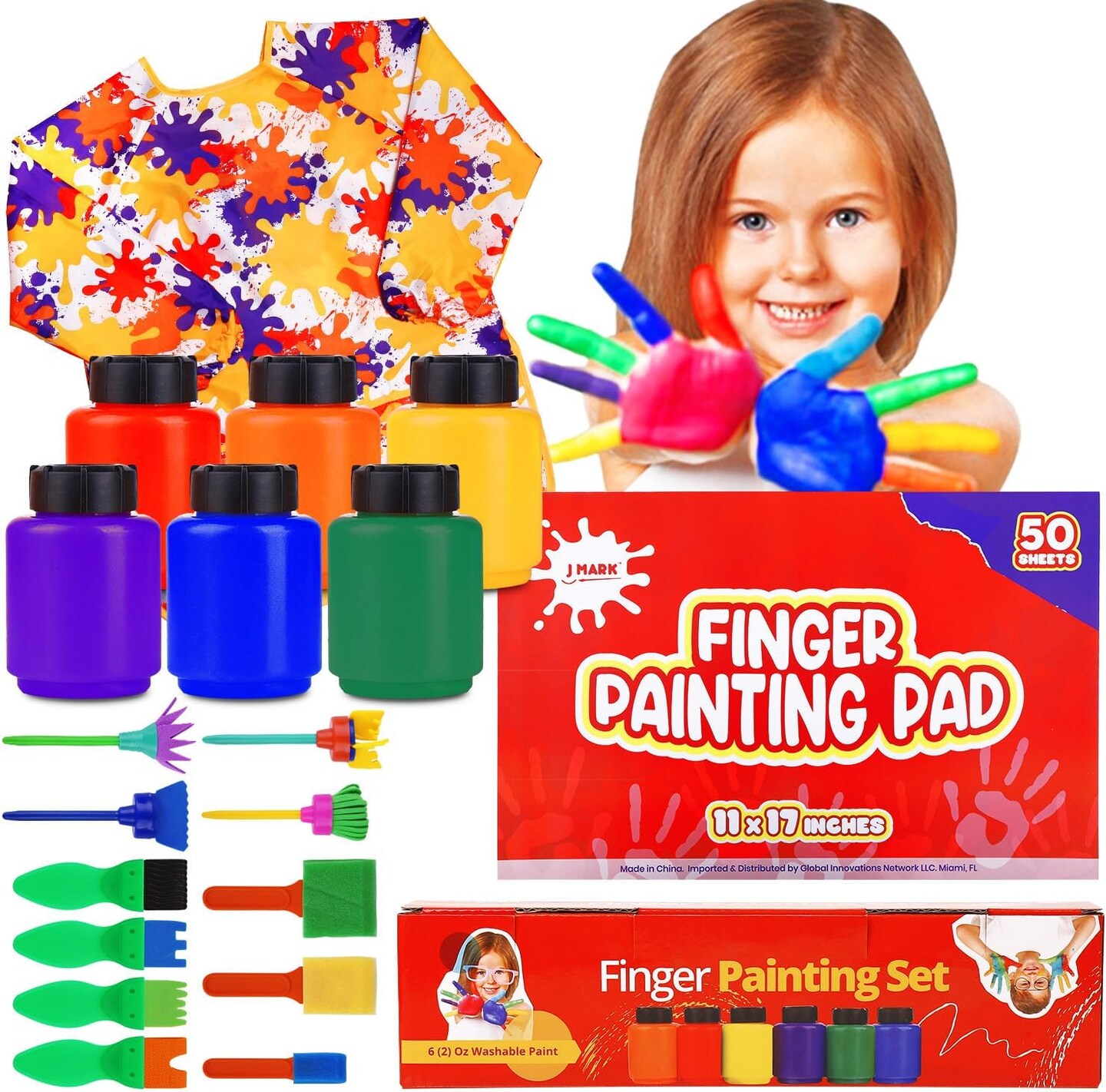 Toddler Washable Finger Paint Set with Sponge Tools, Large Paint Pad, Tempera Paints, and Smock