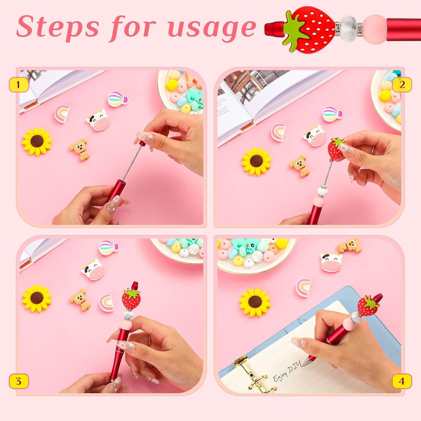 12 Pieces Beadable Pens Kit with Silicone Focal Beads, Animal Style, Black Ink, for DIY School Supplies