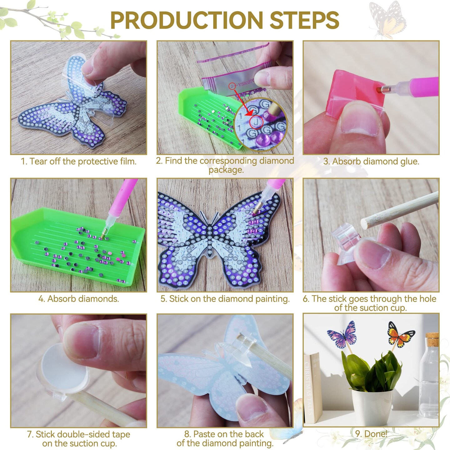 8 Pieces Butterfly Diamond Painting Kits, Diamond Art Kits for Garden Decor, Butterfly Stakes Diamond Art Kits for Adults, Crafts for Adults