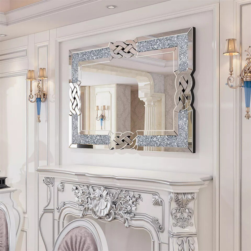 Large Crystal Crush Diamond Mirror Rectangular Silver Mirrors for Wall Decor