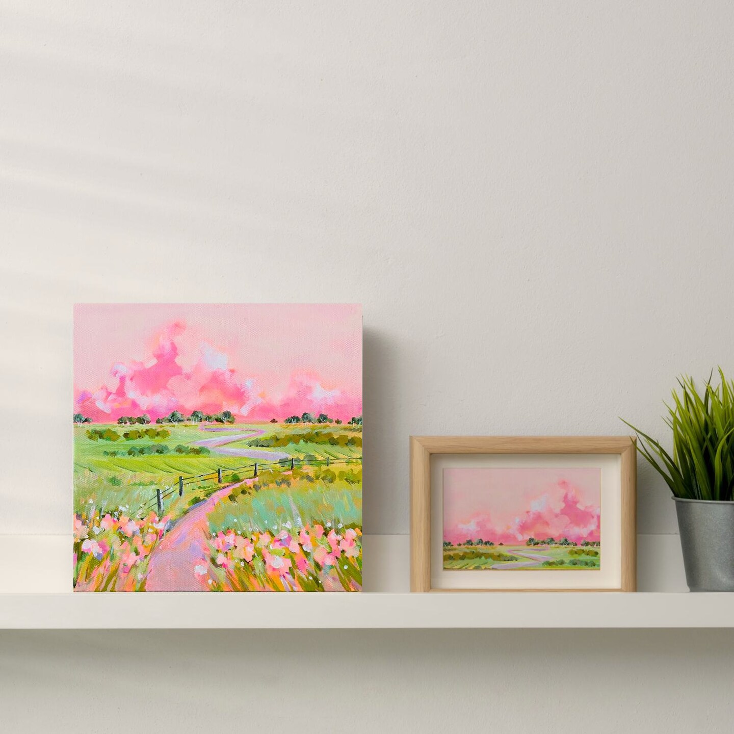 Wildflowers Countryside Landscape in Happy Bright Colors- Art