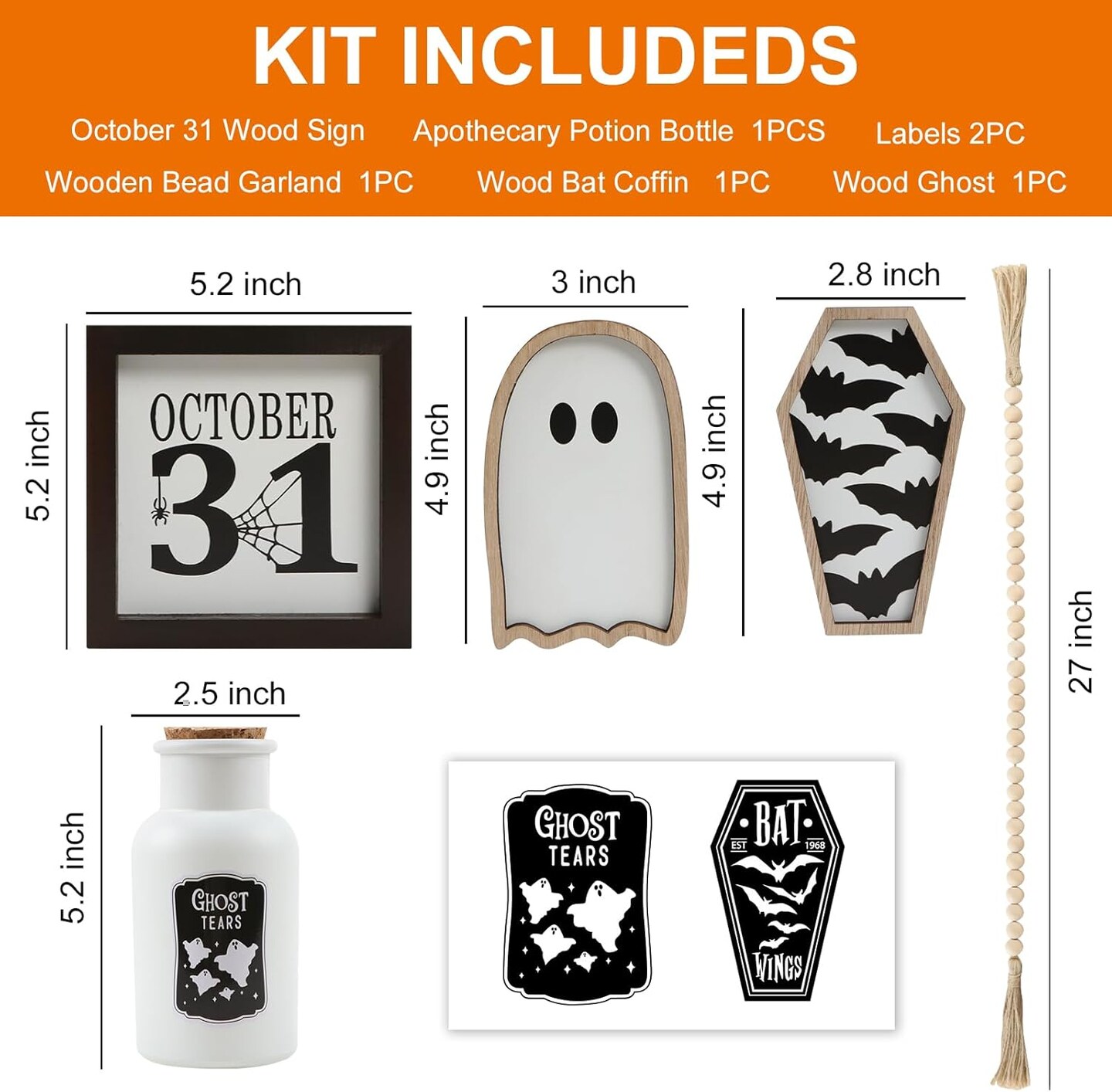 Halloween Decor Set - Potion Bottles, Bat Coffin, Ghost, Wood Signs & Bead Garland for Tiered Trays
