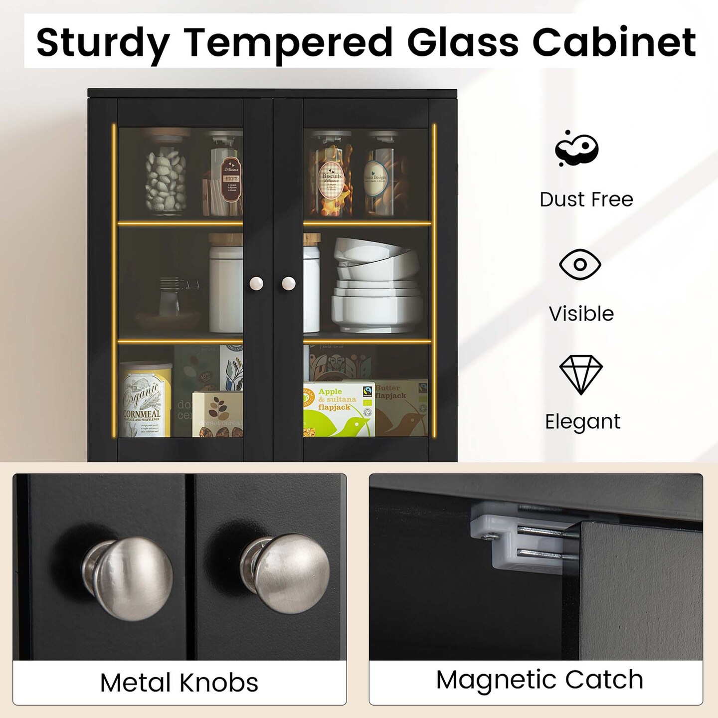 Costway 63.5&#x22; Tall Kitchen Pantry Storage Cabinet with Glass Door Storage Shelves Black/White