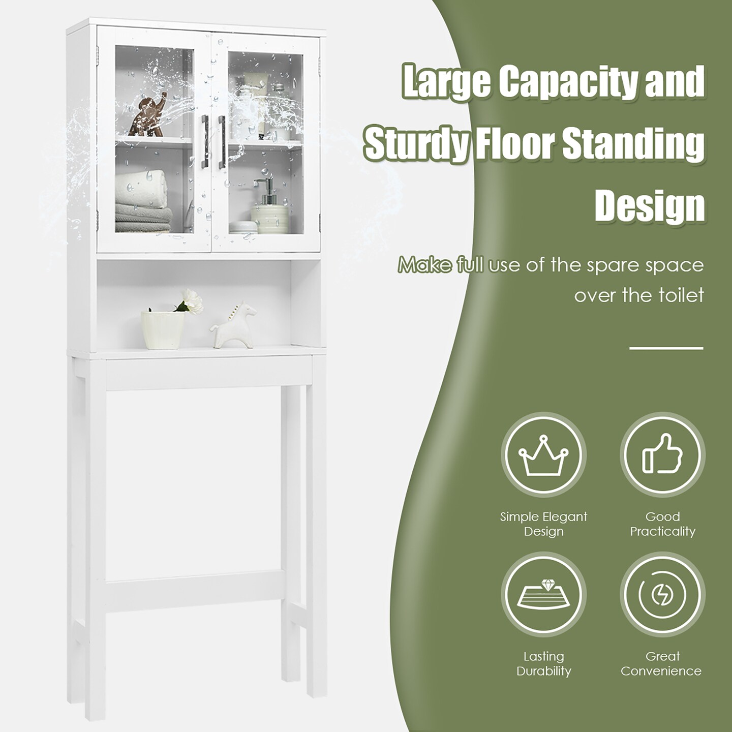 Costway Over the Toilet Storage Cabinet Bathroom Space Saver w/Tempered Glass Door White