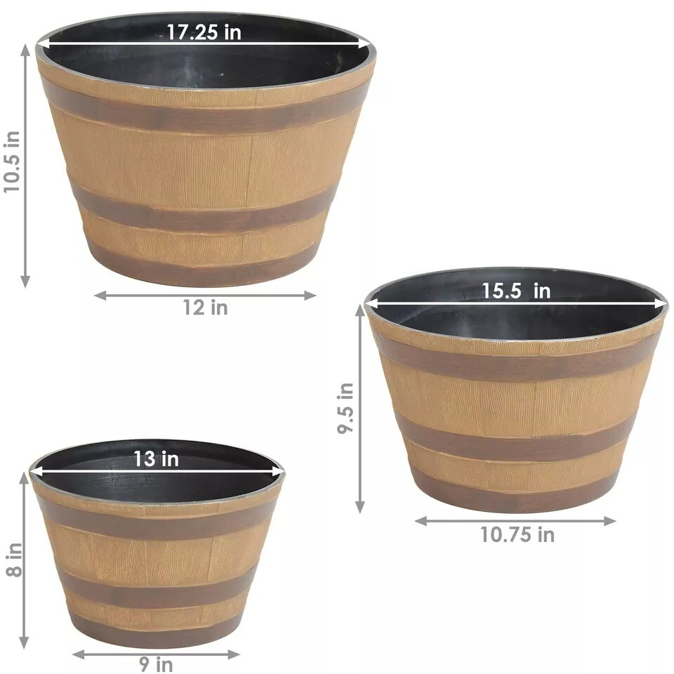 Resin Rustic Cask Outdoor Planter 13 in, 15 in, 17 in - Set of 3