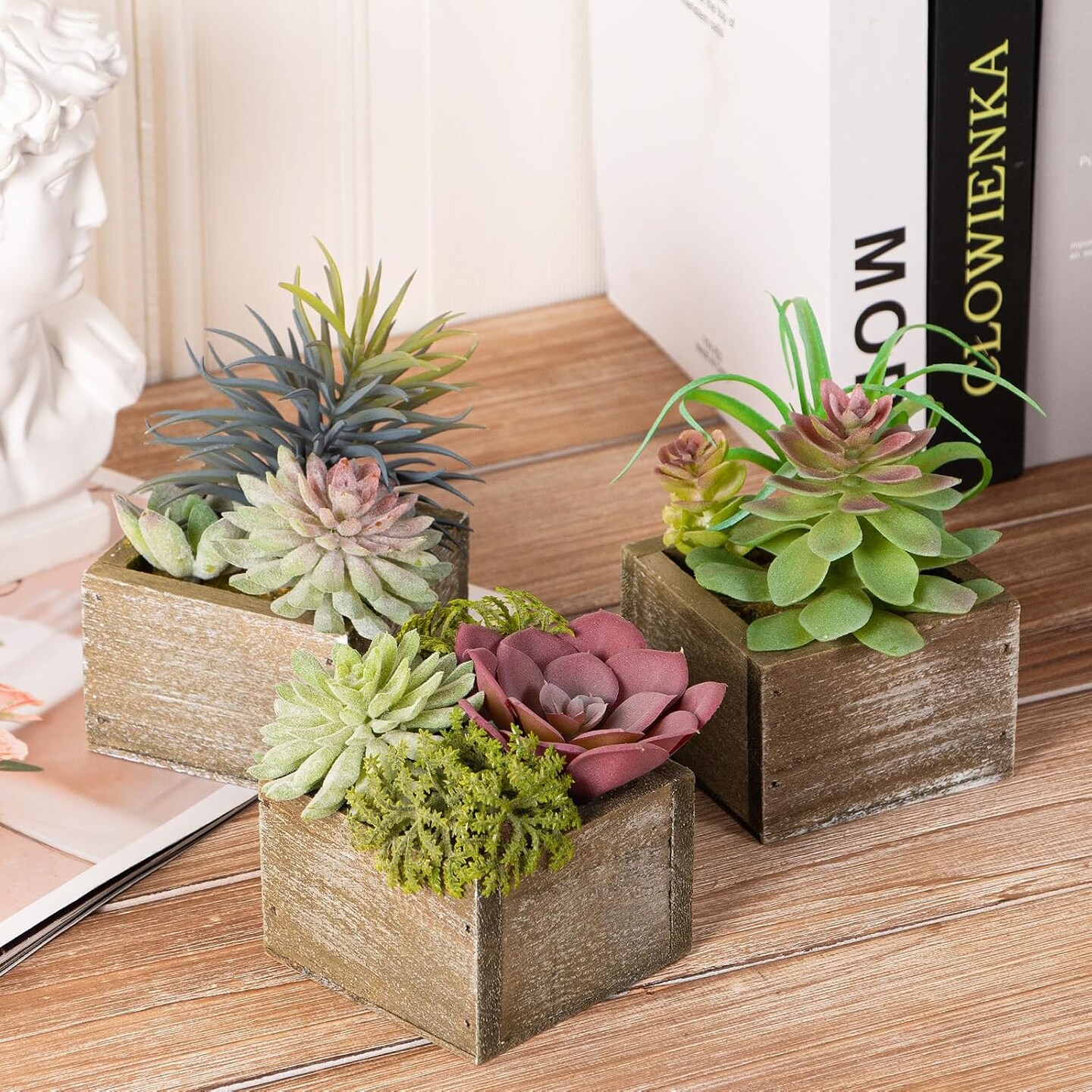 Artificial Mini Succulents in Wood Pots, Set of 3, for Home and Office Decor
