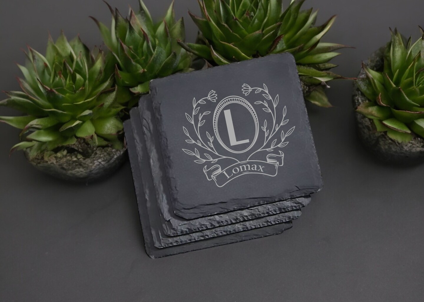 product name is Slate coasters - Personalized Slate coasters - Custom Laser Engraved Slate Coasters (Set of 4)