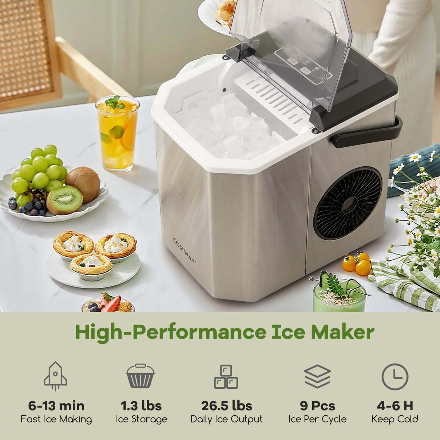 Costway Countertop Ice Maker Portable Ice Making Machine 6-13 Mins 9 Ice 26.5 lbs/24 Hrs Black/Silver