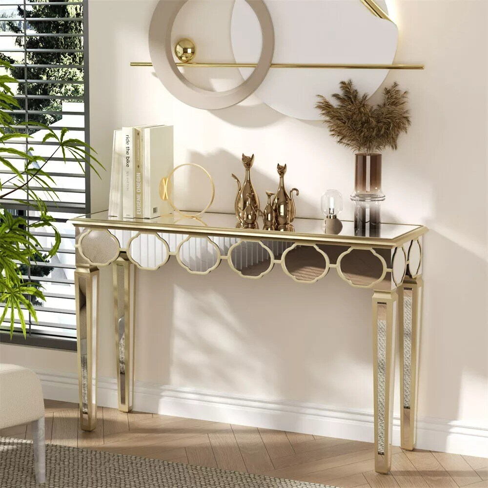 Modern Mirrored Console Table Vanity Makeup Desk Glass Entryway Table Gold Rim