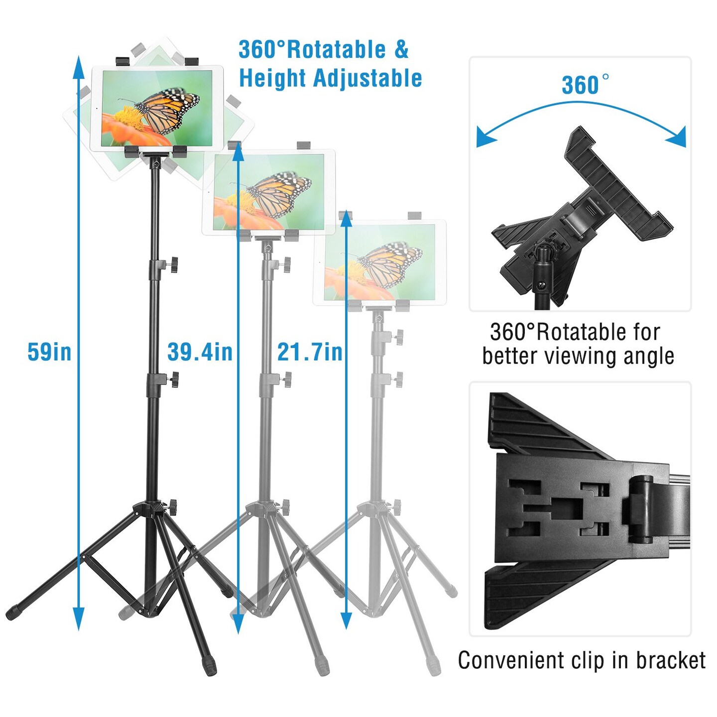 Global Phoenix Tablet Mount 360 Degree Rotating Tablet Holder 59in Adjustable Tablet Tripod Stand