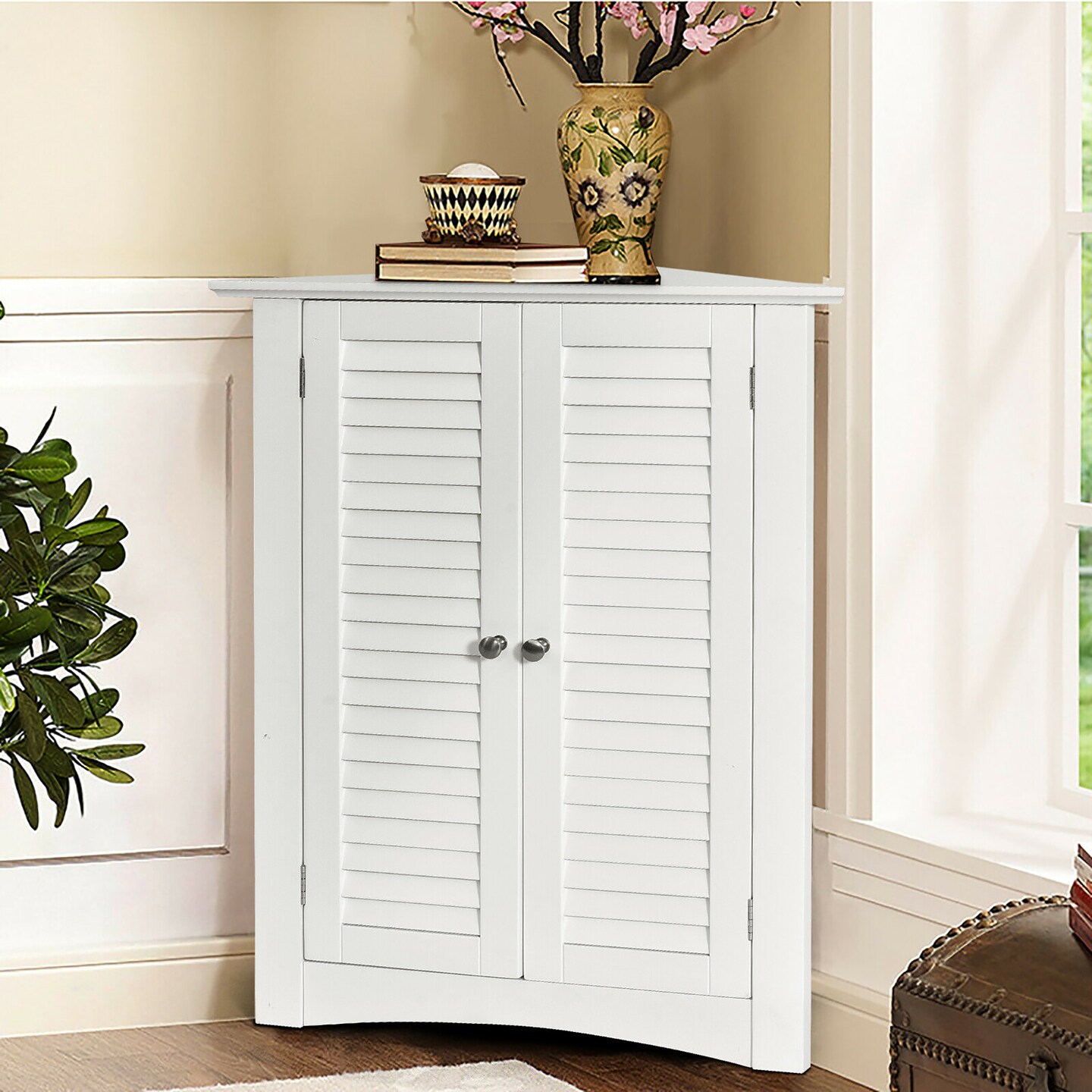 Costway Corner Storage Cabinet Freestanding Floor Cabinet Bathroom w/ Shutter Door White