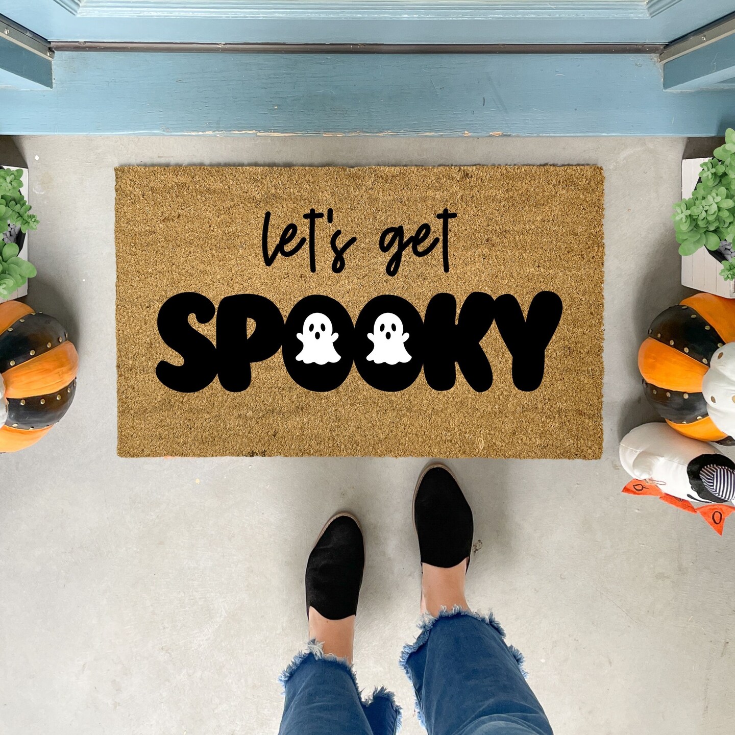 Halloween Decor Doormat Combo Set, Boo Ghost Coco Coir Welcome Mat + 28" X 43" Black And White Plaid Rug, Autumn Halloween Front Porch Entryway Decor