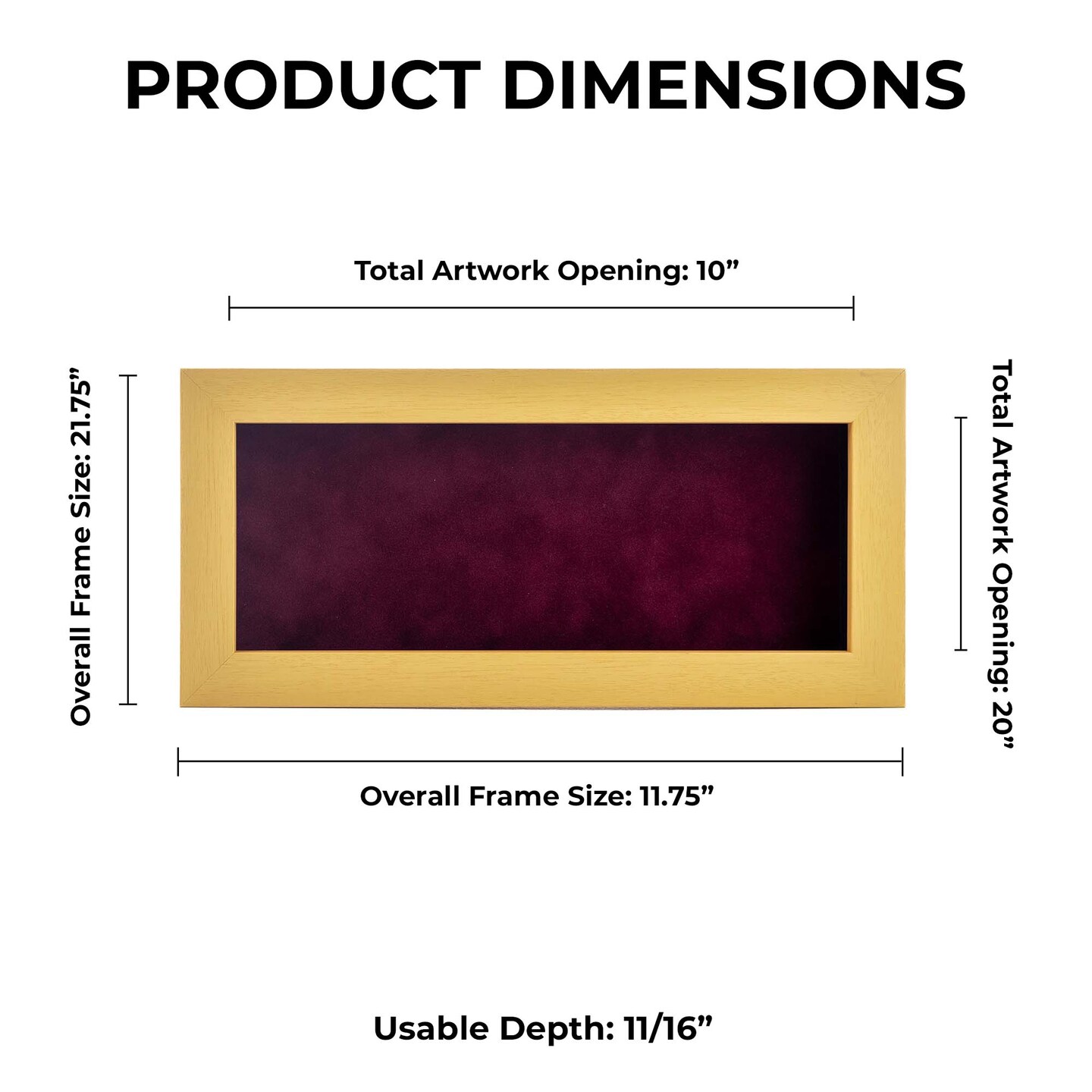 Classic Natural Wood Shadow Box Frame with Acrylic Front - Dark Red Suede Backing, 30 Sizes