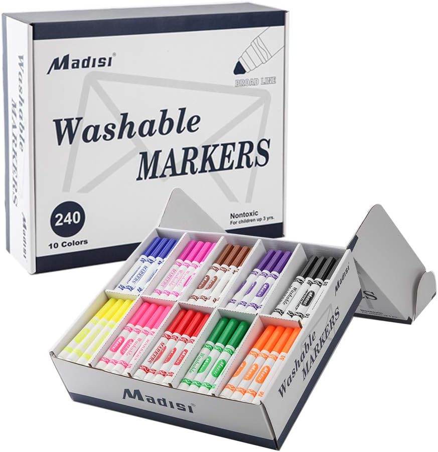 Washable Broad Line Markers, Assorted Colors, Classroom Bulk Pack, 240 Count