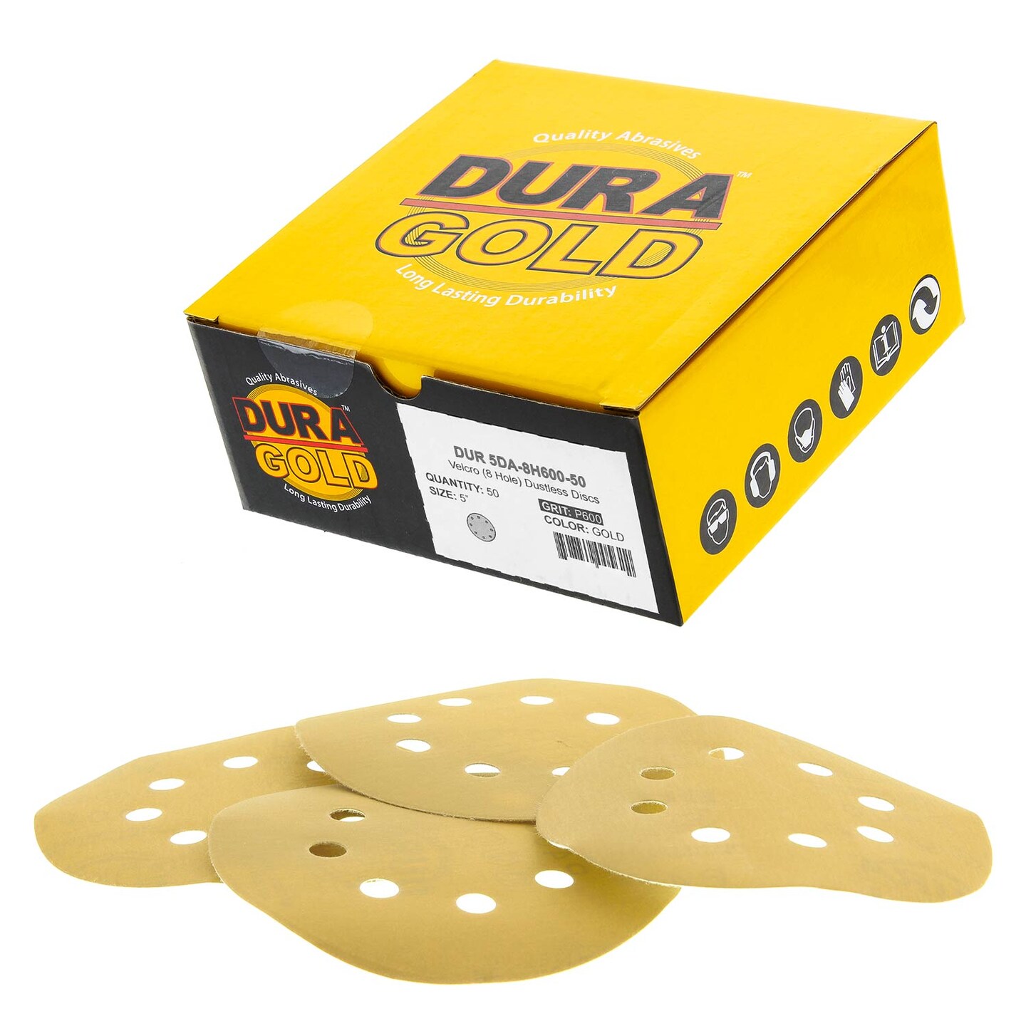 600 Grit - 5&#x22; Gold DA Sanding Discs - 8-Hole Pattern Hook and Loop - Box of 50