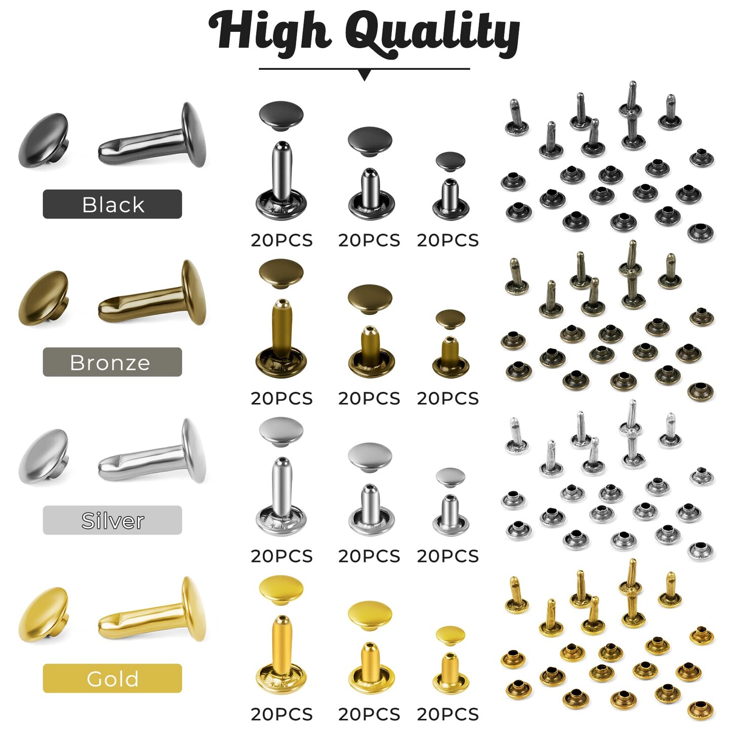 420 Set Leather Rivets Kit, Double Cap Brass Rivets Leather Studs with 3PCS Setting Tools for Leather Repair and Crafts, 4 Colors and 3 Sizes