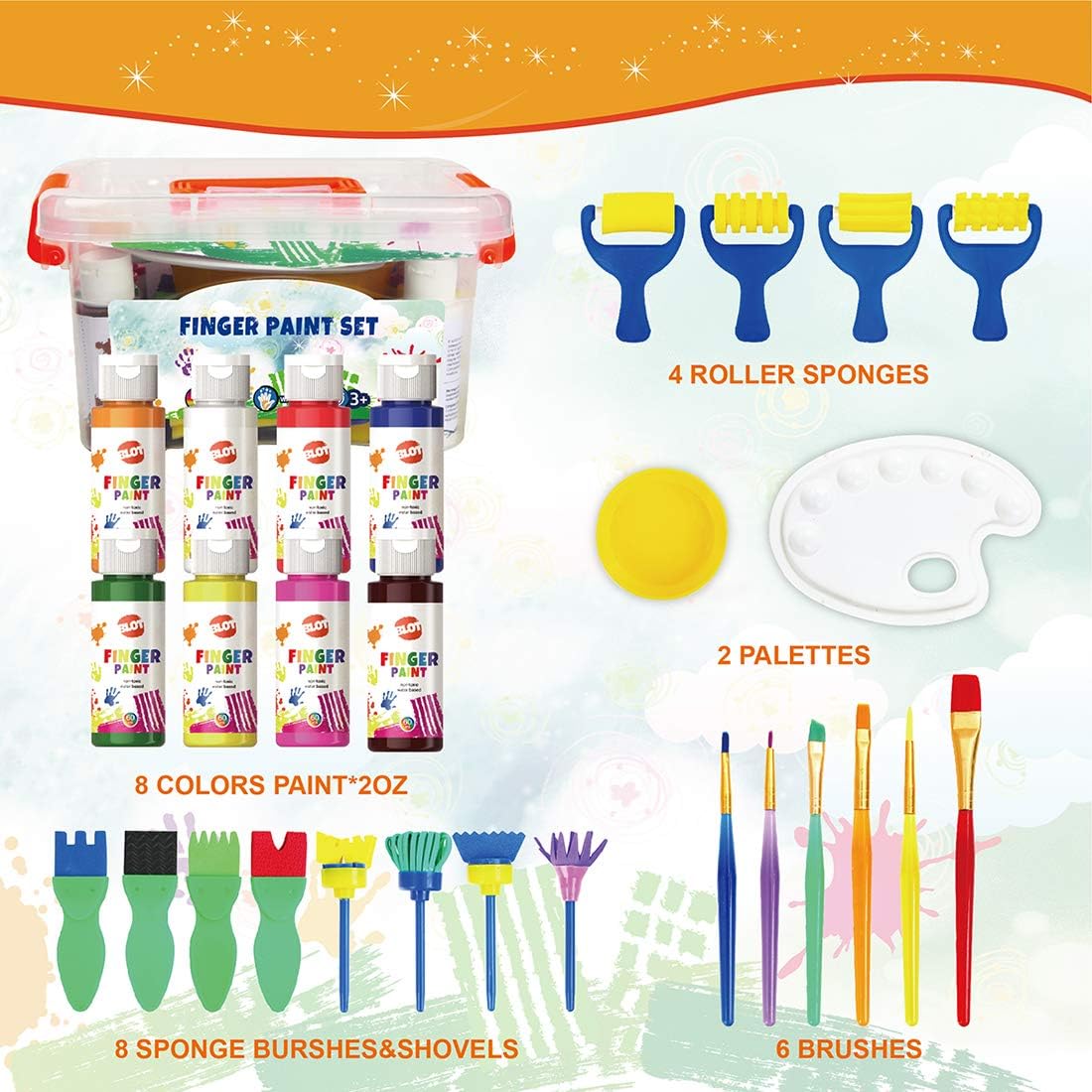 Early Learning Washable Kids Paint Set with Brushes &#x26; Sponges - Portable Case for Toddlers 3+