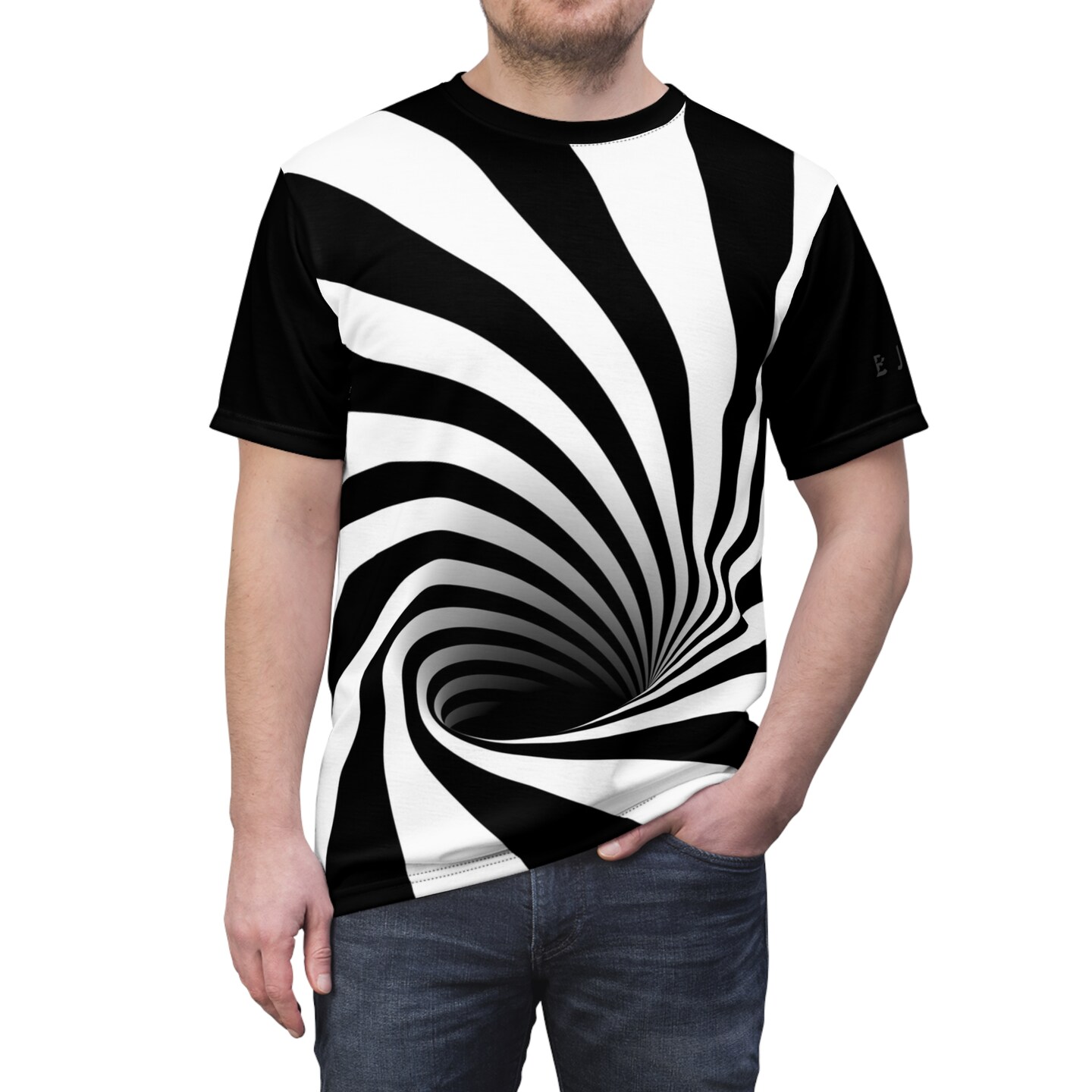 Unisex Graphic T-Shirt - Optical Illusion Black Hole Twisted Vortex Swirl Warped Tunnel (Black and White) product 7