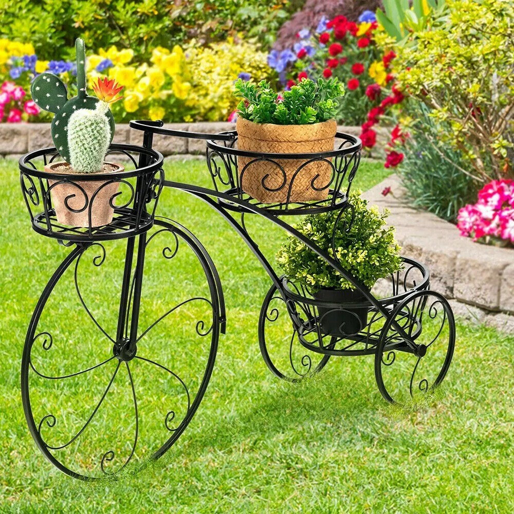 Bicycle Shape Plant Stand Wrought Iron Tricycle Planter Home Garden Patio Decor