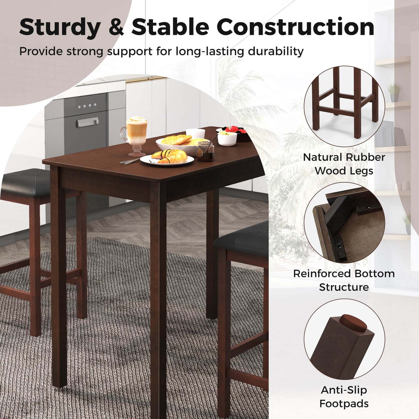 Costway 3 PCS Bar Table Set Dining Table &#x26; 2 PVC Leather Upholstered Bar Stools Rustic Brown/White