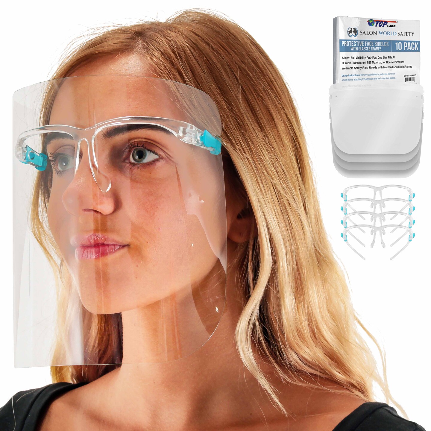 Safety Face Shields with Glasses Frames (Pack of 10) - Ultra Clear Protective Full Face Shields to Protect Eyes, Nose, Mouth - Anti-Fog PET Plastic