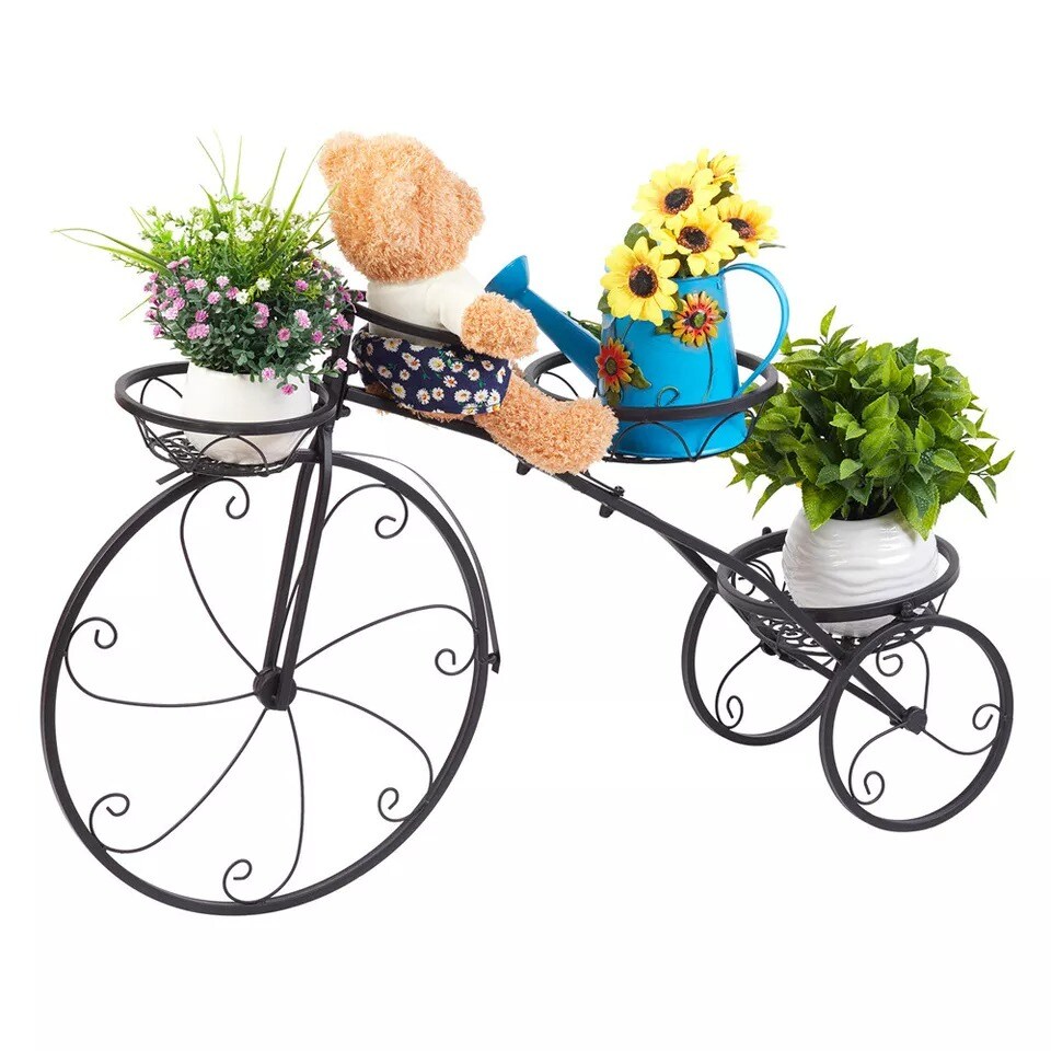 Bicycle Shape Plant Stand Wrought Iron Tricycle Planter Home Garden Patio Decor