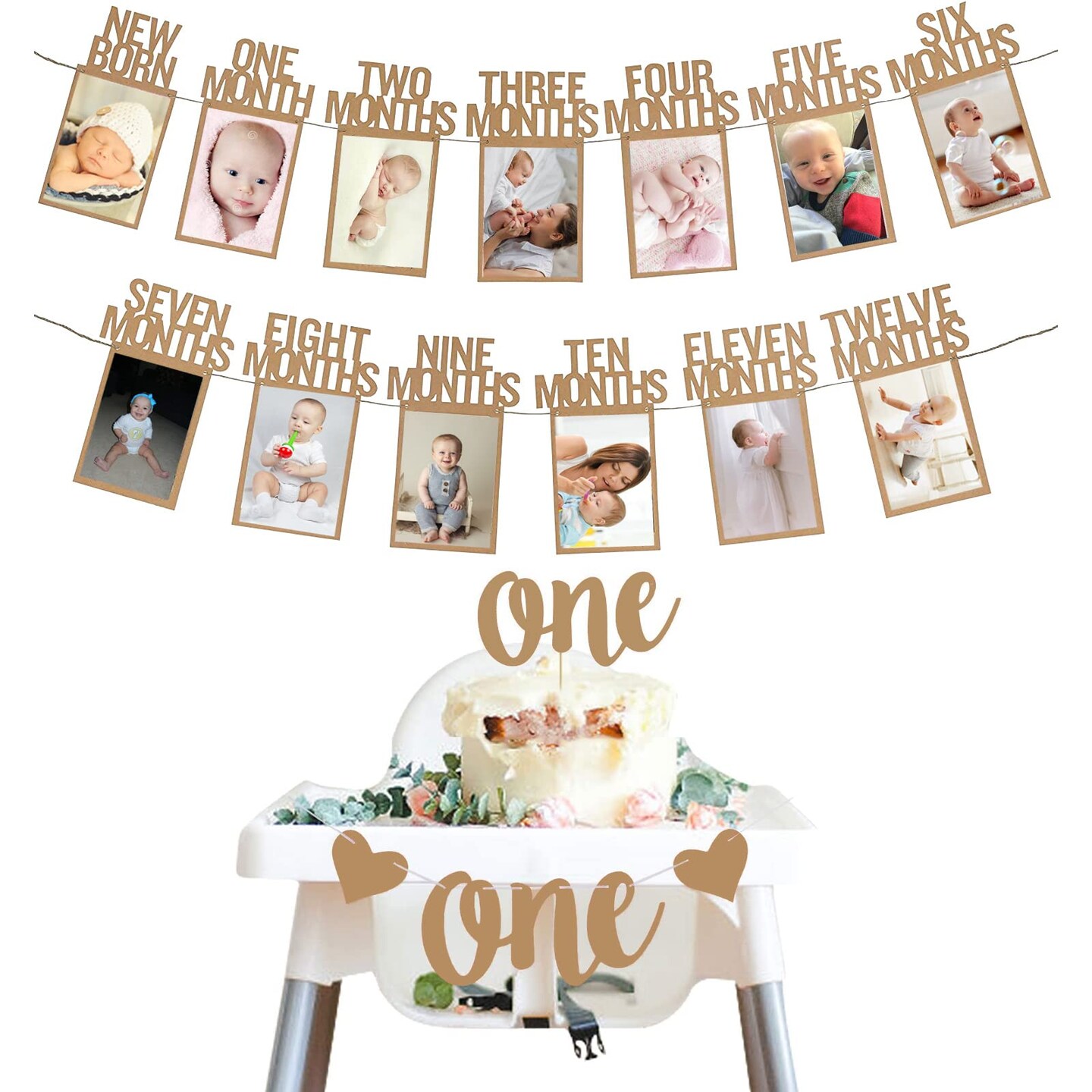 1st Birthday Baby Photo Banner for Newborn to 12 Months And Alphabet ONE Bunting, Alphabet ONE Cake Topper for Baby Show First Birthday Party Decoration