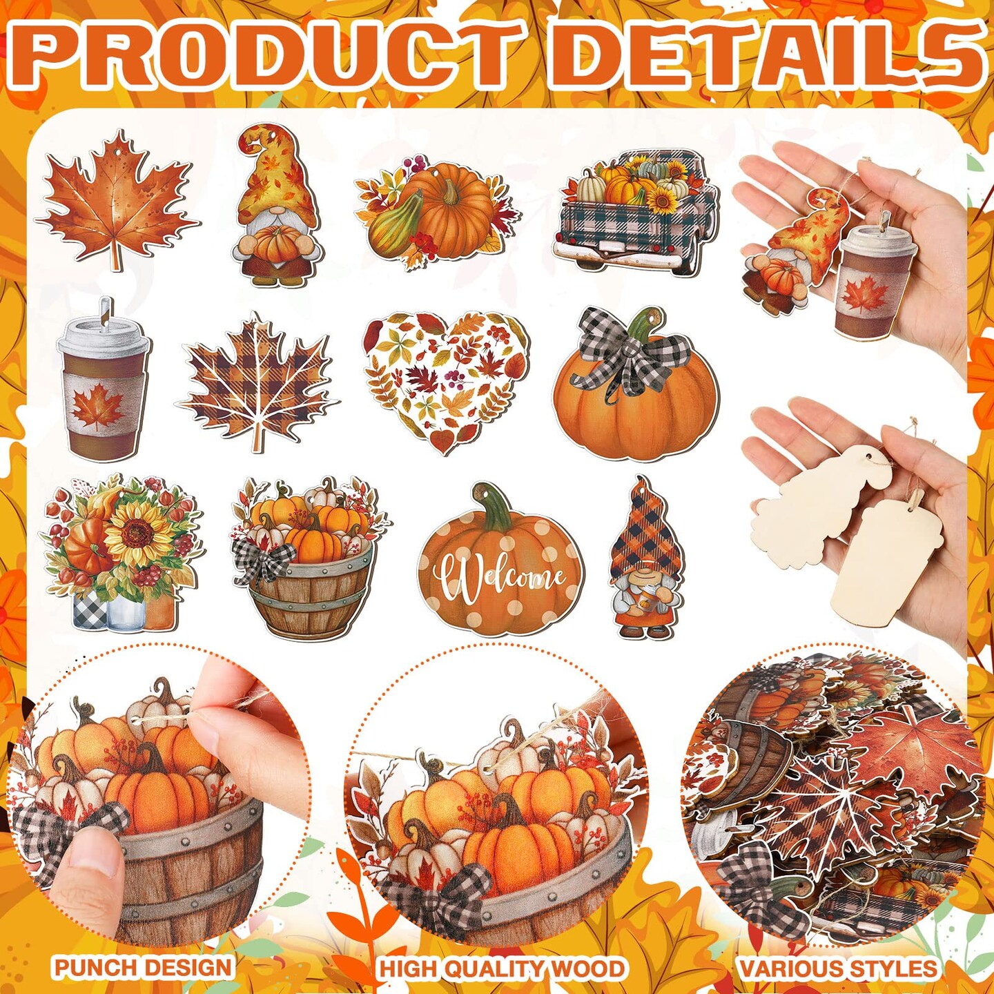 36 Pieces Fall Tree Decorations Thanksgiving Gnomes Ornaments for Tree Wooden Hanging Ornaments Pumpkins Leaves Flowers Cutouts Autumn Decorations for Holiday Party Supply(Cute Style)
