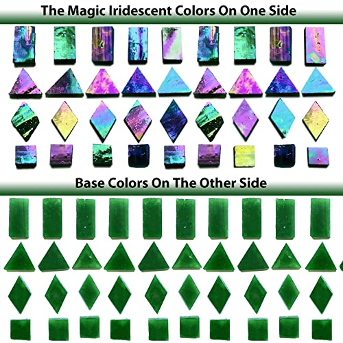 280 Pieces Iridescent Green Mosaic Tiles for Crafts, Mixed 4 Shapes Stained Glass Sheets, Stained Glass Supplies for Mosaic Projects
