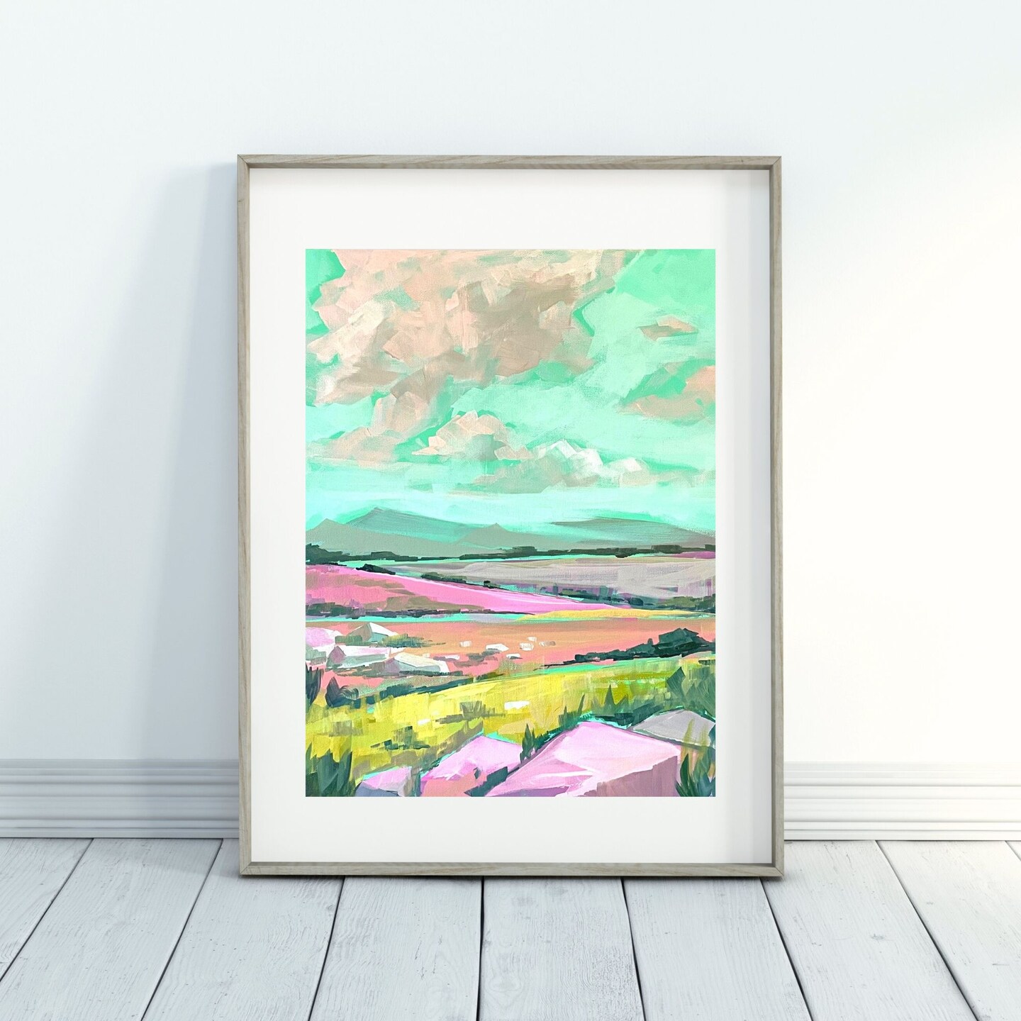 Wildflowers Countryside Landscape in Happy Bright Colors- Art