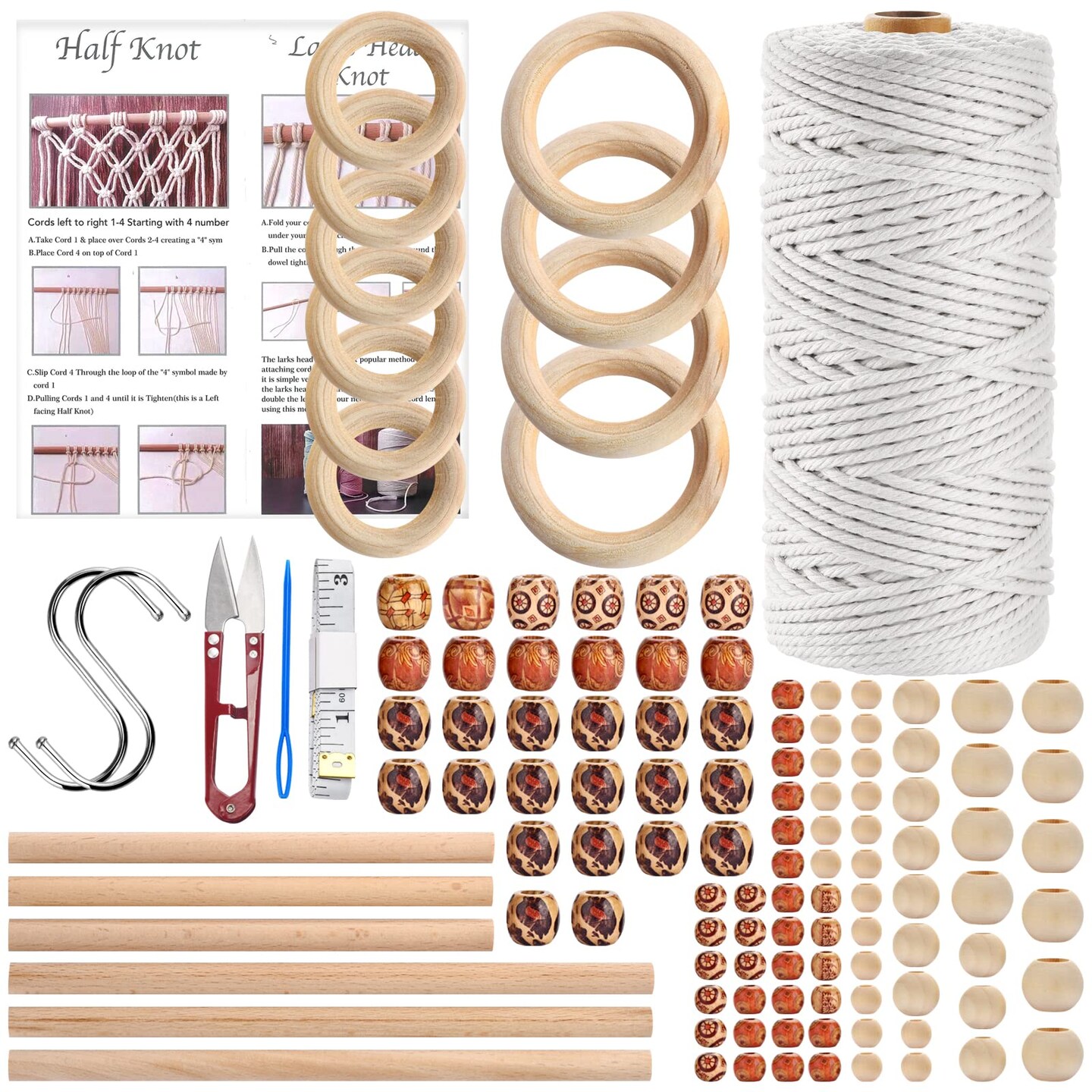 121 Pieces Macrame Kit, Macrame Supplies 3mm x 109Yards Macrame Cord for Macrame Kits for Adults Beginners, with Accessories Like 100Pcs Beads and 10Pcs Wooden Rings for Macrame Plant Hanger Kit