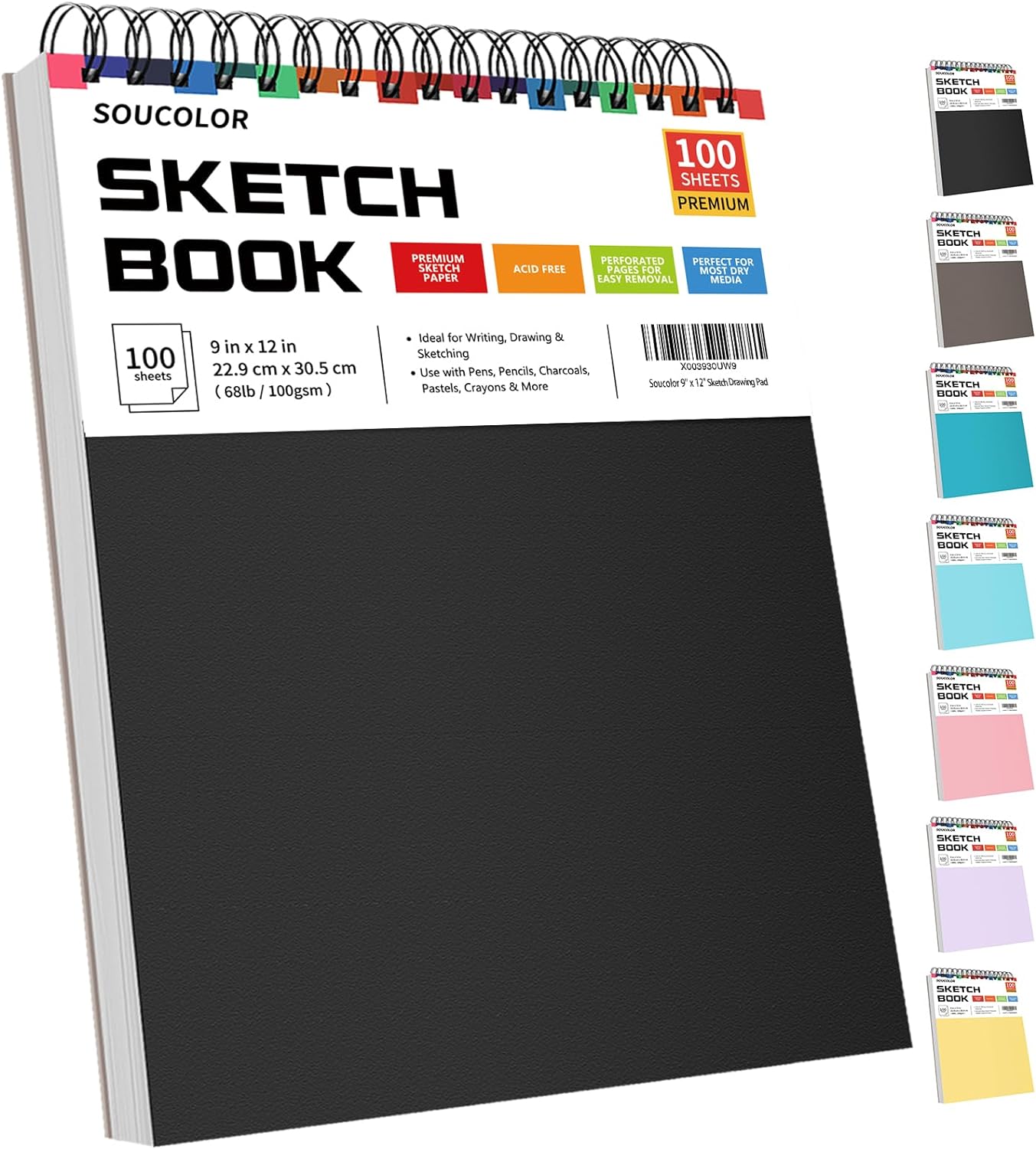 9&#x22; x 12&#x22; Sketch Book, 1-Pack 100 Sheets Spiral Bound Art Sketchbook (68lb/100gsm). Acid-free artist drawing book paper painting sketching pad for kids, students, adults, and beginners.