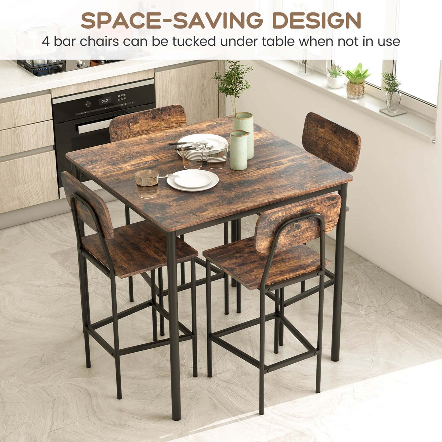 Costway 5-Piece Industrial Dining Table Set with Counter Height Table &#x26; 4 Bar Stools Black/Grey/Walnut