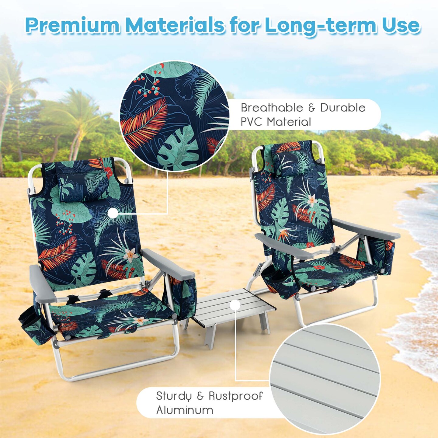 Costway 2-Pack Folding Backpack Beach Chair Table Set 5-Position Outdoor Reclining Chair Blue/Navy/Pink/Pattern/Flower/Yellow