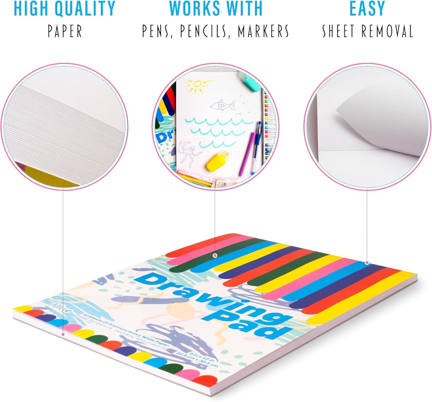 Drawing Pad for Kids, 3-Pack (9x12) Drawing Paper with Easy-Tear Pages - 50 Sheets - Kids Art Supplies | Sketch Pad for Drawing and Coloring - Ideal for Children and Toddlers