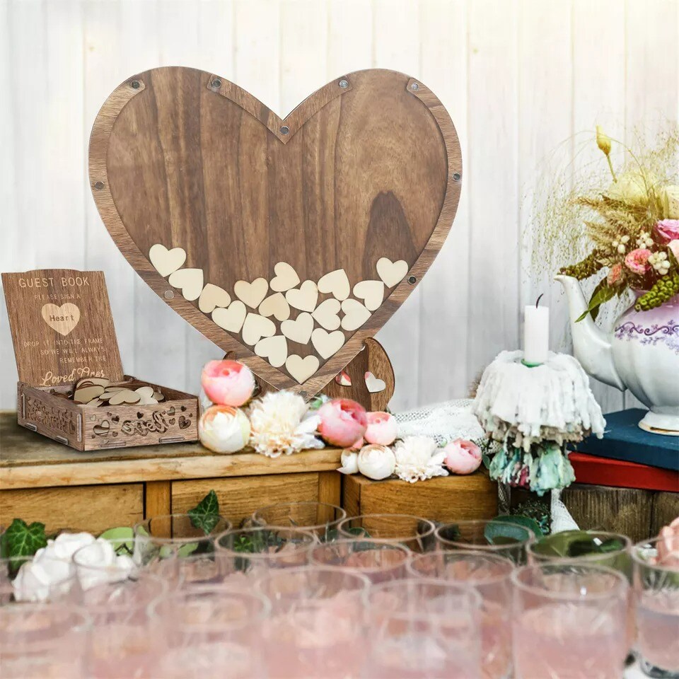 Elegant Wooden Wedding Guest Book w/ 88pcs Hearts and Stand Reception Guestbook