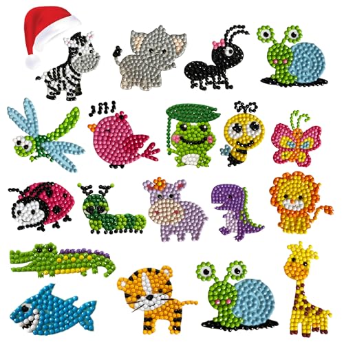 5D Diamond Painting Stickers Kits for Kids Arts and Crafts, Cartoon Stickers Stick Paint with Diamonds by Numbers, 18Pcs Cute Insect, Animals, Easy to DIY