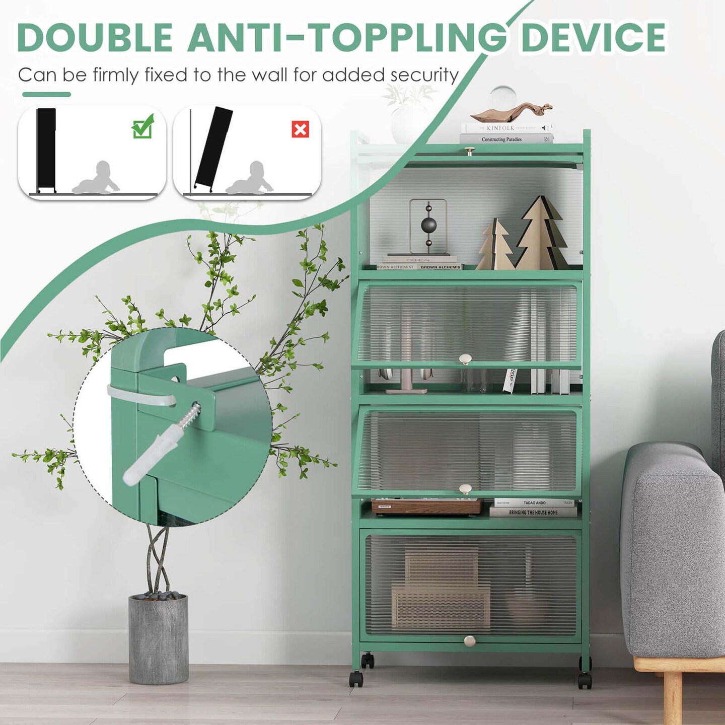 Costway 5-Tier Kitchen Baker&#x27;s Rack Storage Cabinet Mobile Microwave Stand Flip-up Doors White/Black/Grey/Green