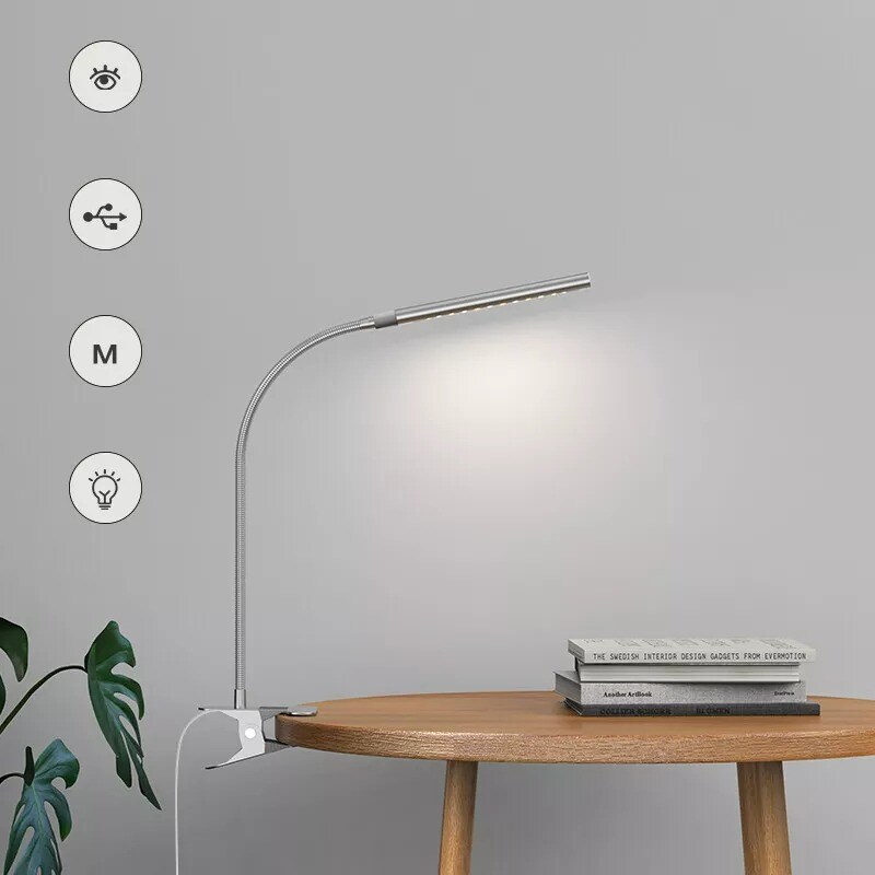 USB Clip-On Led Desk Lamp Dimmable Metal Gooseneck Adjustable Brightness Light