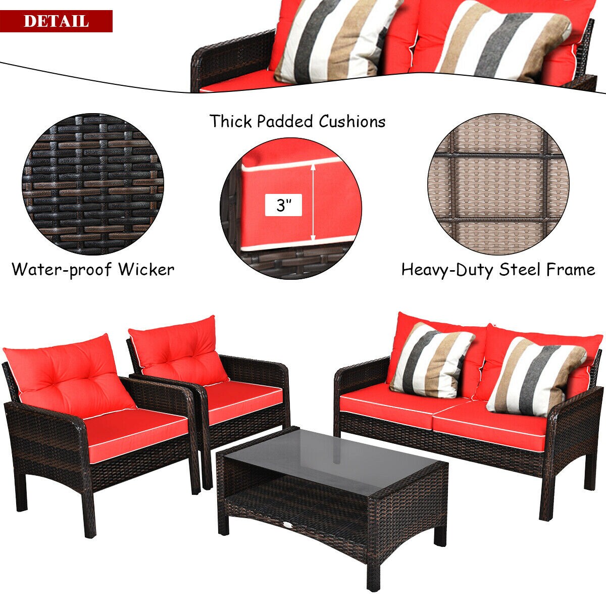 Costway 4PCS Patio Rattan Furniture Set Loveseat Sofa Coffee Table Cushioned Sofa Garden