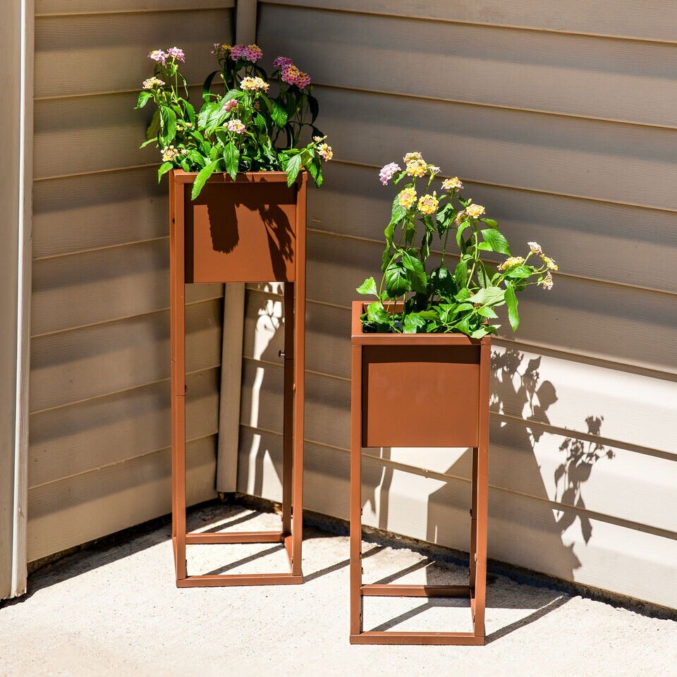 Modern Simplicity 8.25" Square Planters - 19.75" H and 27" H - Brown