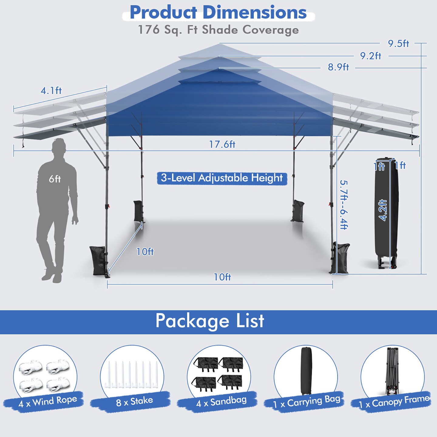 Costway 10&#x27;x17.6&#x27;Outdoor Instant Pop-up Canopy Tent Dual Half Awnings Adjust Patio Blue/White/Gray/Black/Pink