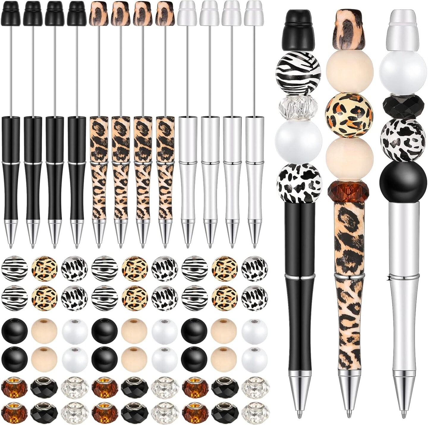 12 Set Beadable Pens DIY Kit - Assorted Beads, Black Ink, Animal Print