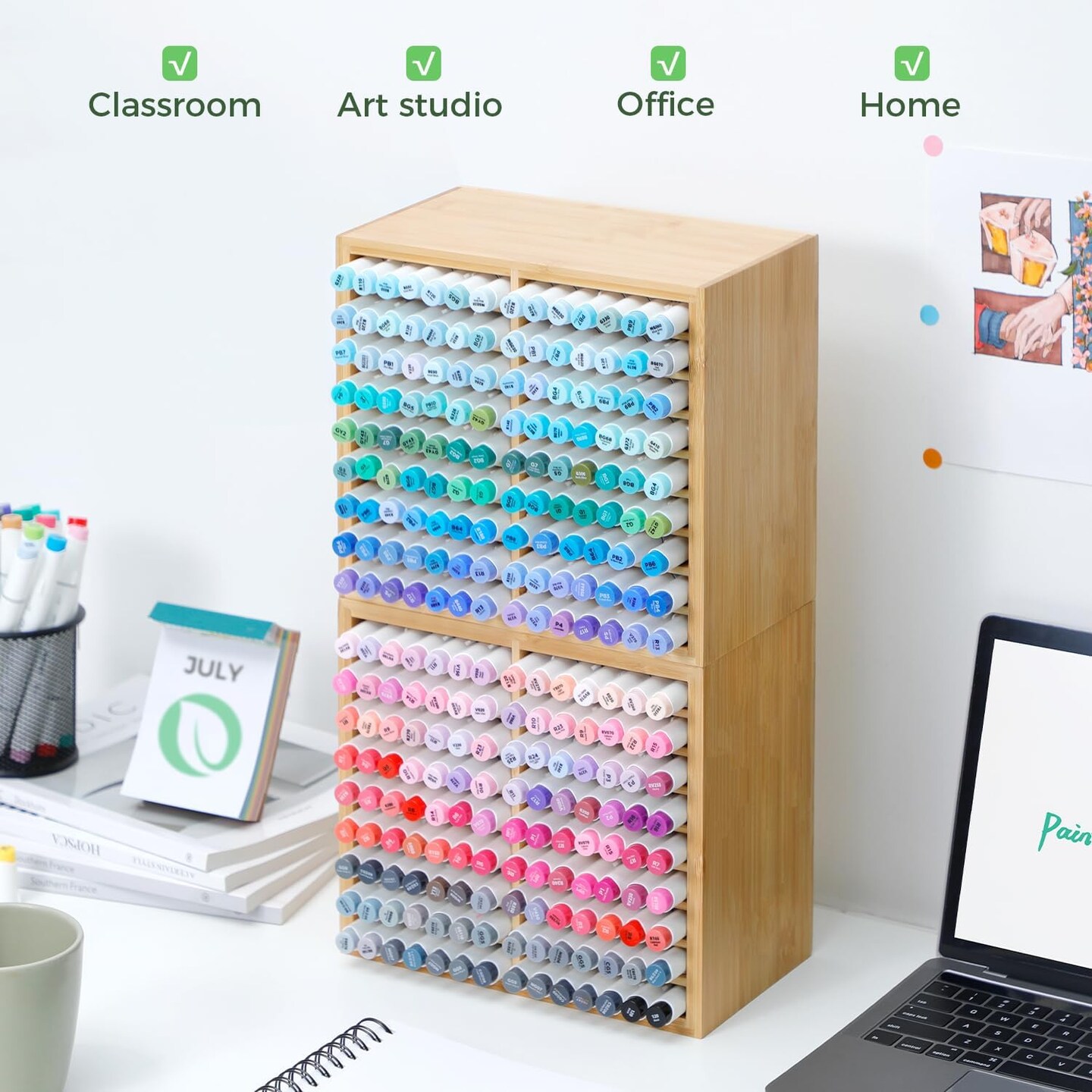 Ohuhu Bamboo Marker Organizer, Wooden Desktop Storage Hold 126/224 Markers, Markers Pens Pencils Art Brushes Stationary Organizer Pencil Holder with 18/32 Compartments for Home Classroom Office Decor