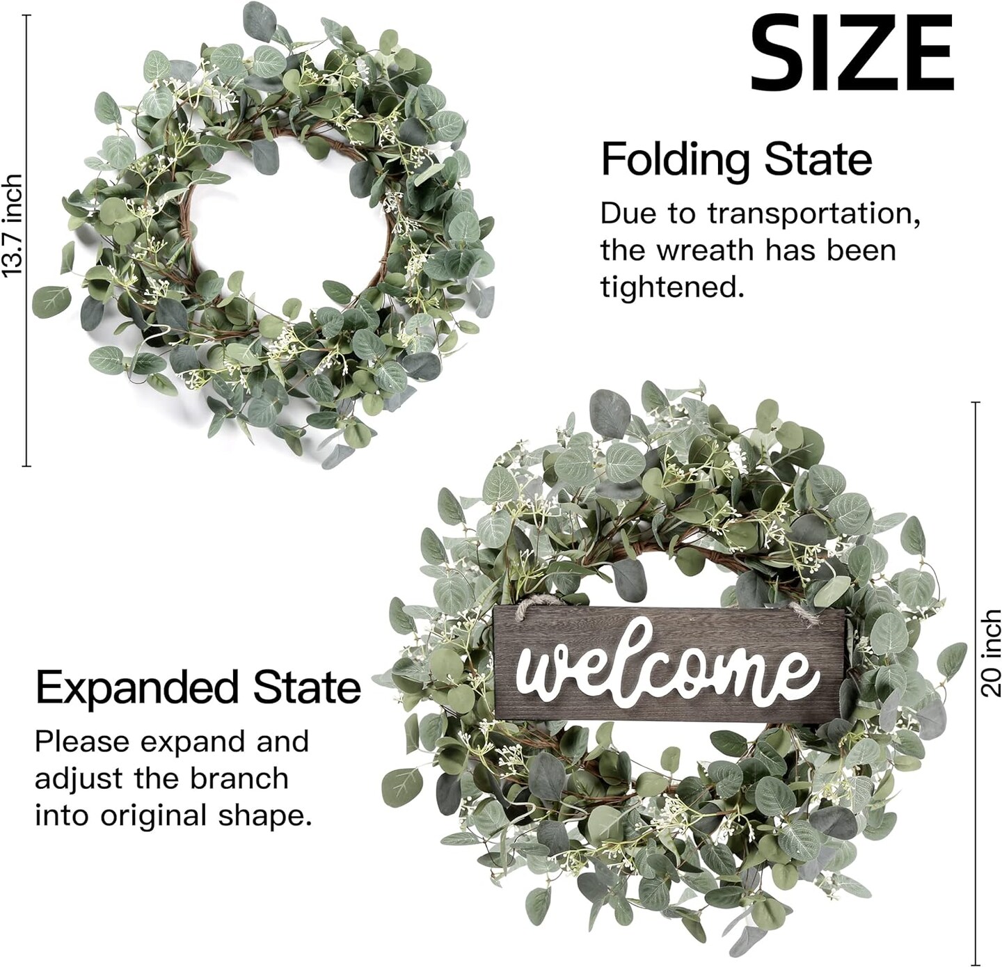 20-inch Green Eucalyptus Wreath with &#x22;Welcome&#x22; Sign &#x2013; Front Door Decor