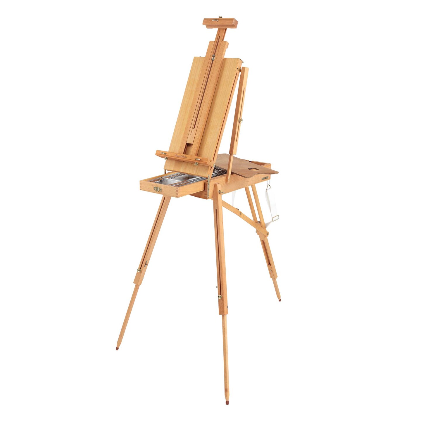 Grand Luxe French Easel - Oiled Beechwood Artist Easel with Brass Fittings, Adjustable Dividers, and Wood Palette- Plein Air Easel w/ Leather Handle and Linen Strap for Canvases up to 34&#x22; High