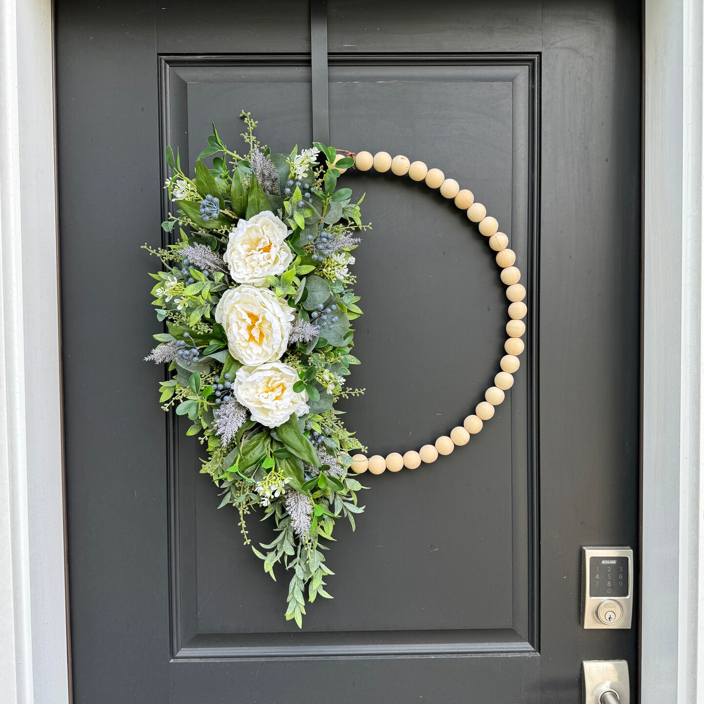 Wood Bead Hoop Wreath with Peonies and Blueberries, Year Round