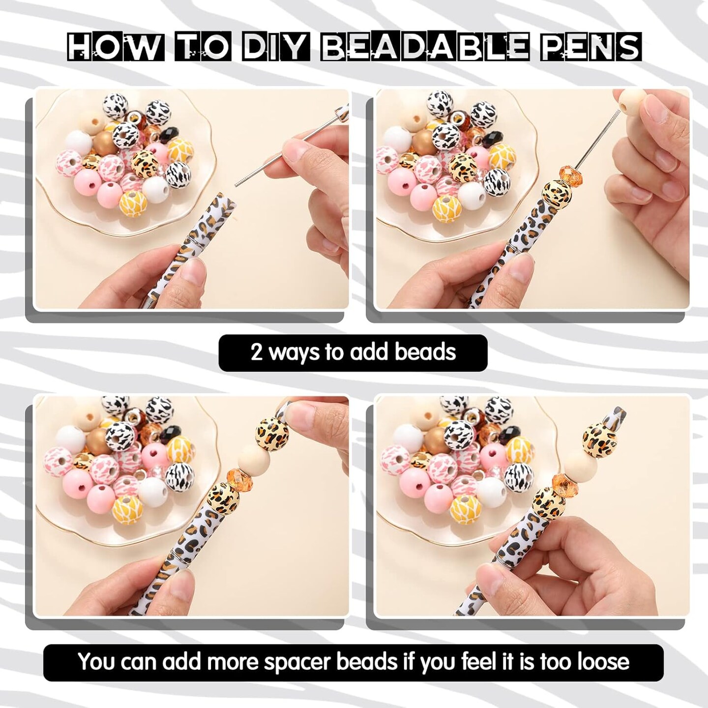 12 Set Beadable Pens DIY Kit - Assorted Beads, Black Ink, Animal Print Design