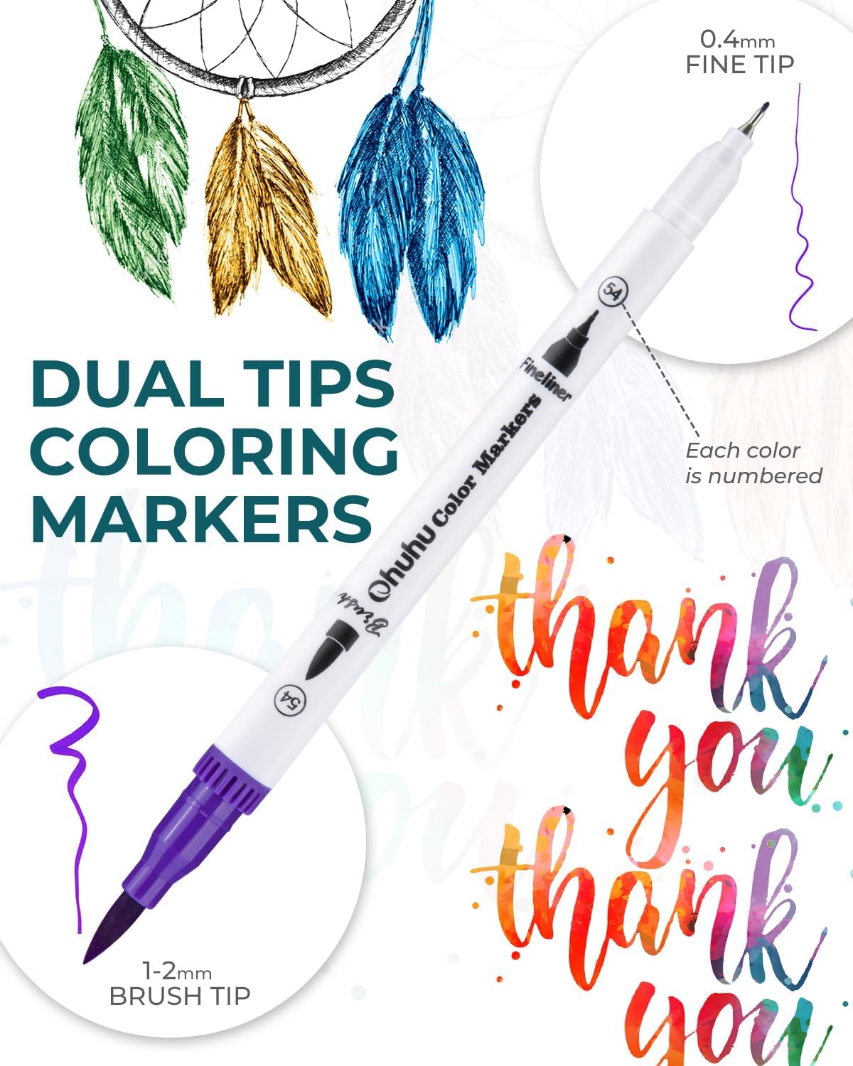Ohuhu Markers for Adult Coloring Books: 60 Colors Coloring Markers Dual Tips Fine &#x26; Brush Pens Water-Based Art Markers for Kids Adults Drawing Sketching Bullet Journal Non-bleeding - Maui - White