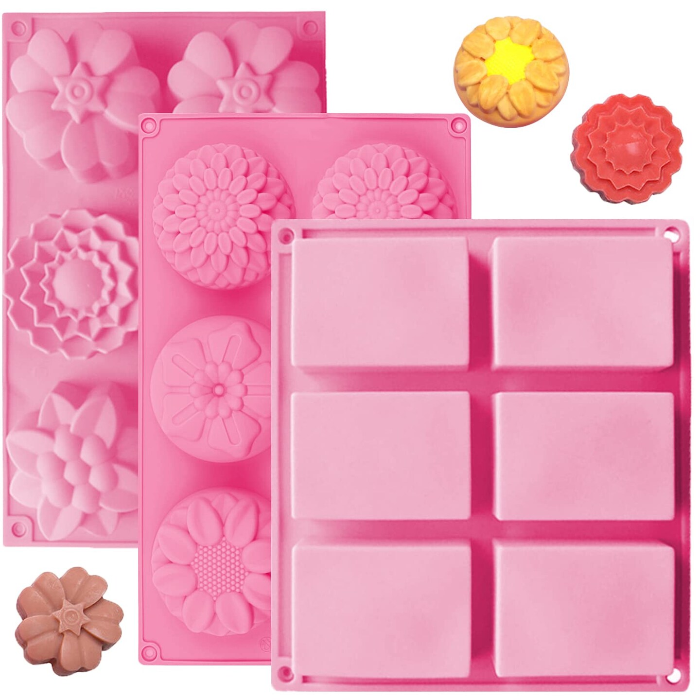 3 Pack Silicone Soap Molds, 6 Cavities Flower Making Mold, Included Rectangle Shape Supplies, Perfect for Handmade Soaps, Homemade Chocolate